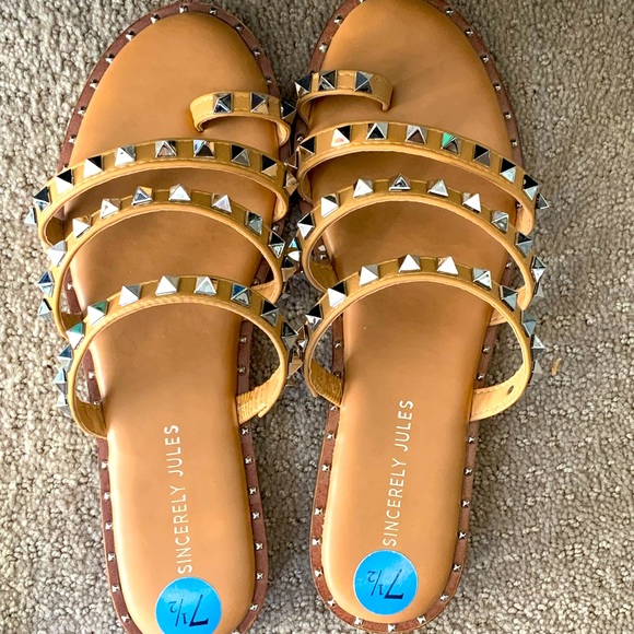 Sincerly Jules Shoes - Sincerely Jewels camel studded shoes slippers slides slip-on toe 7.5